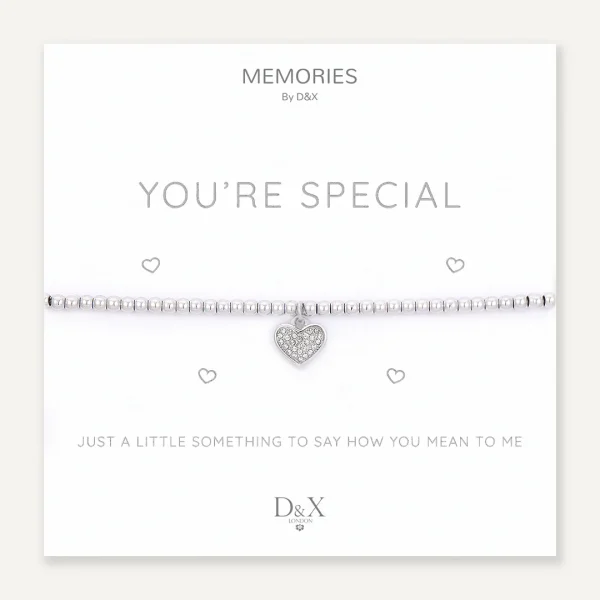 You’re Special Heart Bracelet by D&X London – white gold-plated elasticated beaded bracelet on Memories gift card