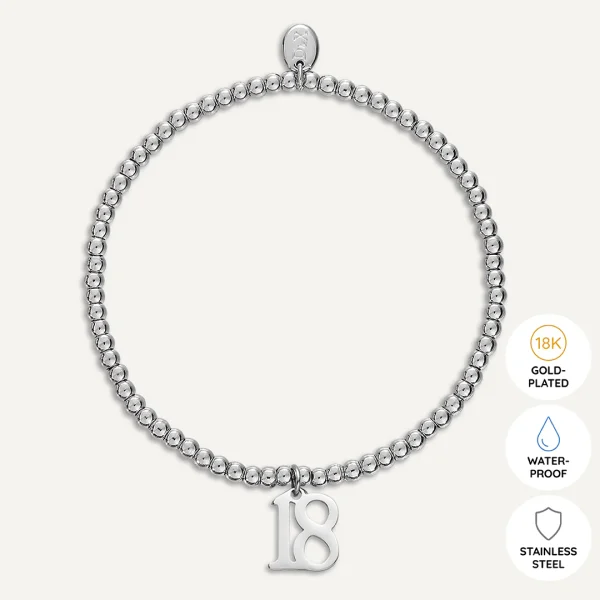 Flat-lay of Happy 18th Birthday Bracelet white gold beads