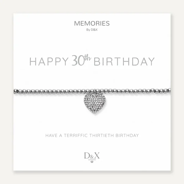 Happy 30th Birthday Bracelet by D&X London with white gold-plated heart charm.
